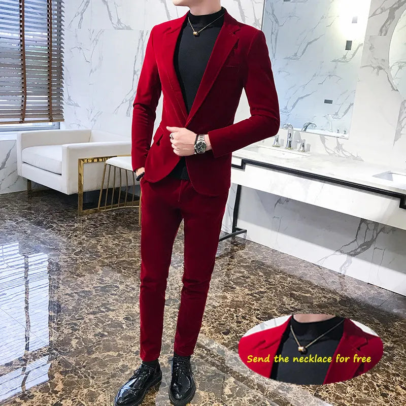 Elegant Wine Red Suits Mens Velvet Luxury Suits