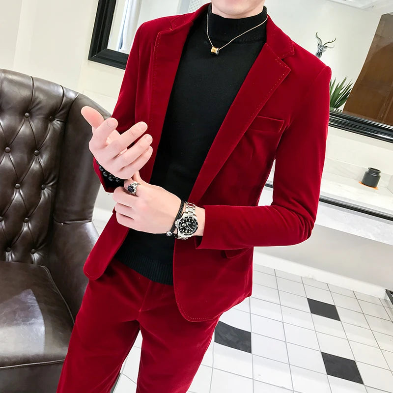 Elegant Wine Red Suits Mens Velvet Luxury Suits