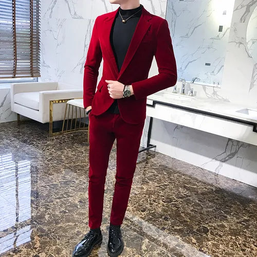 Elegant Wine Red Suits Mens Velvet Luxury Suits